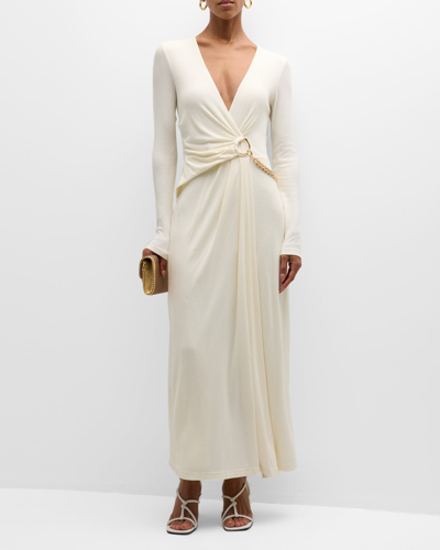 Acler Ascot Long-sleeve Gold Chain Wrap Gown In Ivory