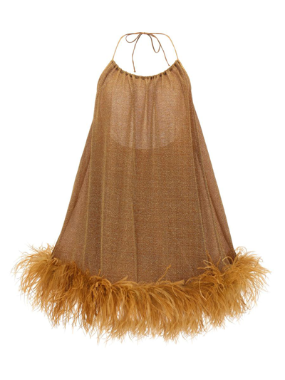 Oseree 'feather Trim Halter Neckline Dress' In Gold