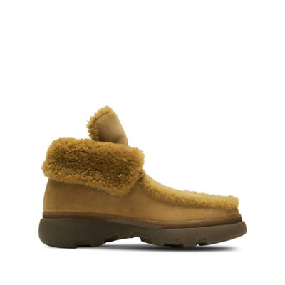 Burberry Creeper Shearling-trim Suede Boots In Beige