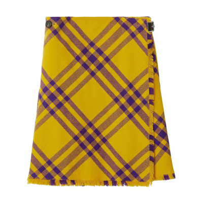Burberry Check Fringed-edge Kilt Wrap Skirt In Yellow