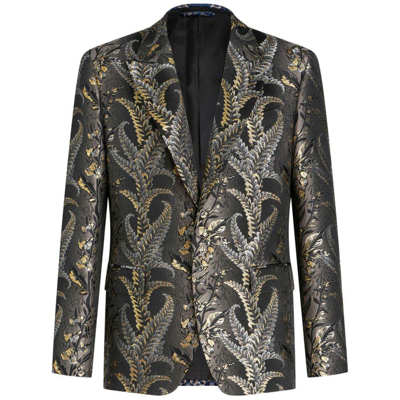 Etro Floral-jacquard Single-breasted Blazer In Grey/gold