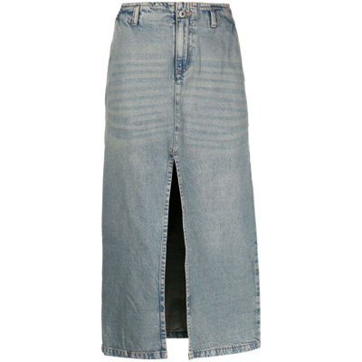 Gimaguas Front-slit Cotton Denim Midi Skirt In Blue