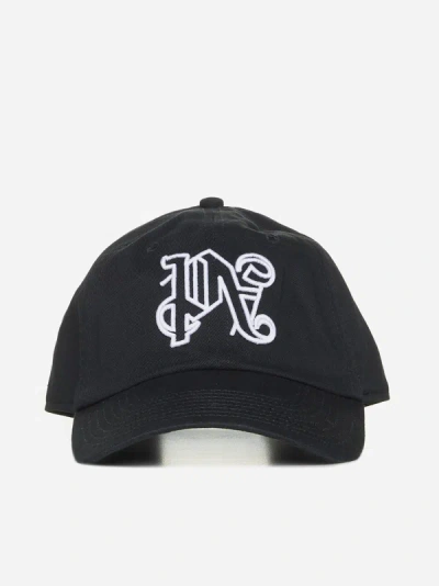Palm Angels Monogram Cotton Baseball Cap In Black,white