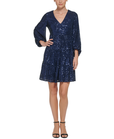 Eliza J Sequinned Tiered Fit & Flare Dress In Navy