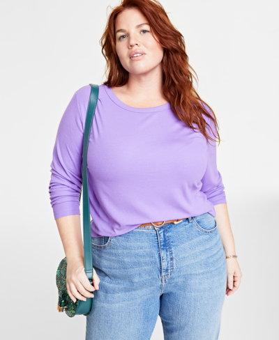 On 34th Plus Size Ribbed Long-sleeve T-shirt, Created For Macy's In Bright Iris