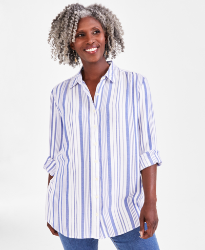 Style & Co Petite Payton Plaid Long-sleeve Boyfriend Tunic, Created For Macy's In Stripe White