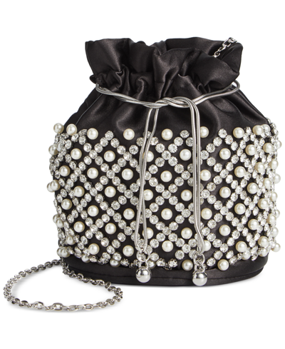 Inc International Concepts Drawstring Embellished Pearl Bucket Bag, Created For Macy's In Black