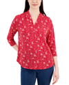 CHARTER CLUB PETITE PLEATED-NECK 3/4-SLEEVE PRINTED ITY TOP, CREATED FOR MACY'S