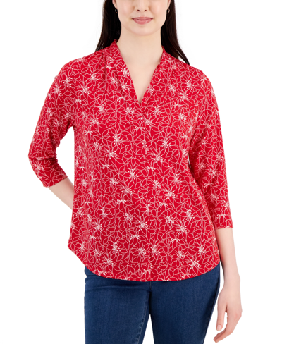 Charter Club Petite Pleated-neck 3/4-sleeve Printed Ity Top, Created For Macy's In Ravishing Red Combo