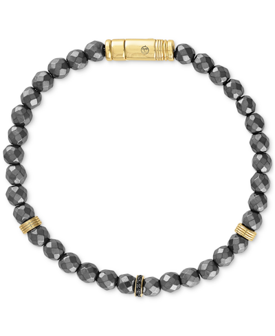 Esquire Men's Jewelry Hematite Bead & Black Diamond Bracelet (1/20 Ct. T.w.) In 14k Gold-plated Sterling Silver, Created F In Gold Over Silver