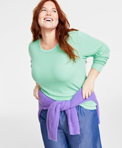 On 34th Plus Size Ribbed Long-sleeve T-shirt, Created For Macy's In Neptune Beso