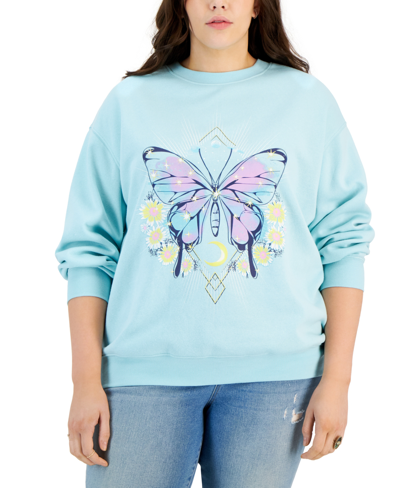 Rebellious One Trendy Plus Size Butterfly Blooms Sweatshirt In Blue Grass