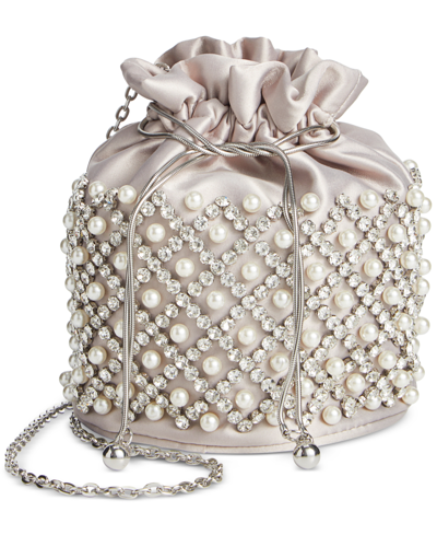 Inc International Concepts Drawstring Embellished Pearl Bucket Bag, Created For Macy's In Silver