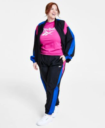 Reebok Plus Size Logo Graphic T Shirt Zip Front Colorblocked Jacket Pull On Logo Woven Track Pants In Black