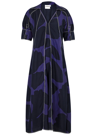 Lovebirds Nilly Printed Silk Midi Dress In Purple