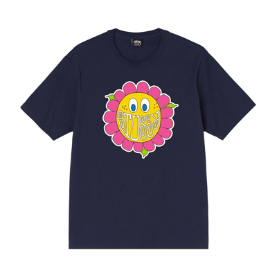 Pre-owned Stussy Happy Flower T-shirt 'navy' In Blue