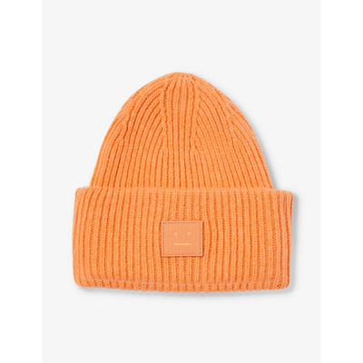 Acne Studios Mens Mandarin Orange Melange Pansy Brand-patch Wool Beanie Hat In Yellow