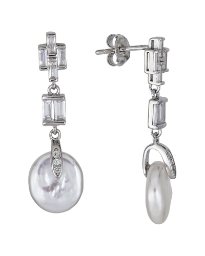Belpearl Silver 11-12mm Pearl Cz Dangle Earrings In Metallic