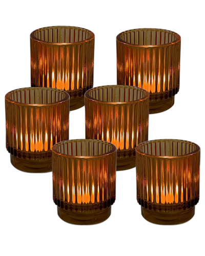 Kate Aspen Set Of 6 Ribbed Glass Votive Candle Holders In Brown