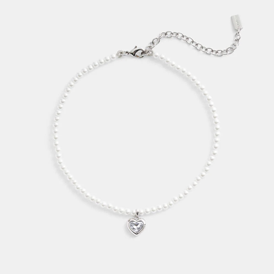 Coach Heart Pearl Choker Necklace In Silver & Clear