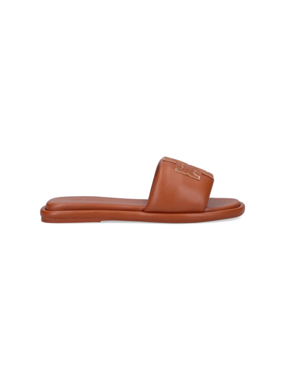 Tory Burch Double T Slide Sandals In Brown