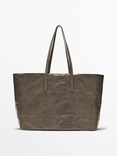 Massimo Dutti Leather Tote Bag With A Crackled Finish In Mole Brown