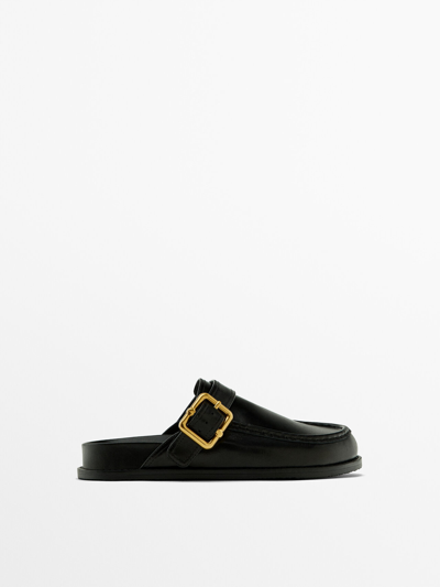 Massimo Dutti Leather Clogs With Buckle In Black