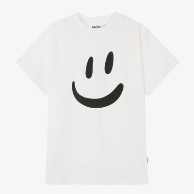 Molo Kids' Smiley Face-print Organic Cotton T-shirt In White