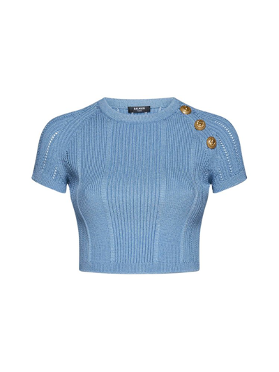 Balmain Buttoned Cropped Knit Top In Blue