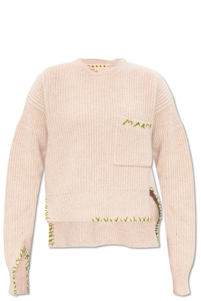 Marni Contrast Stitched Logo Embroidered Jumper In Pink