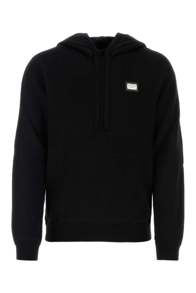 Dolce & Gabbana Logo Plaque Knitted Drawstring Hoodie In Black