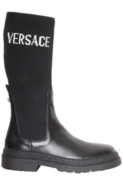 Versace Kids' Logo Boots In Nero