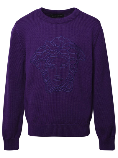 Versace Kids Medusa Head Motif Embroidered Crewneck Jumper In Purple