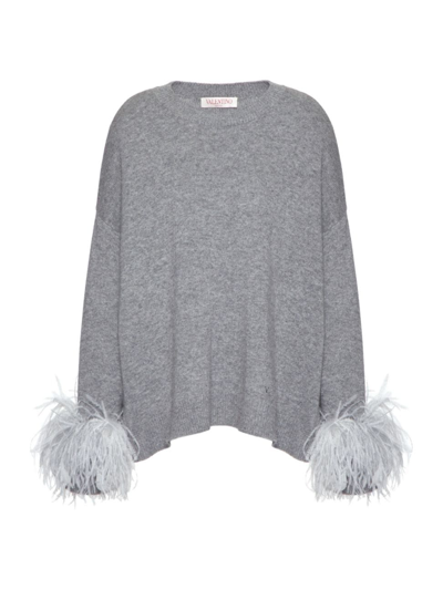 Valentino Feather-trim Dropped-shoulder Wool Sweater In Grey