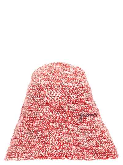 Ganni Bucket Hat Crochet Logo Embroidery In Red