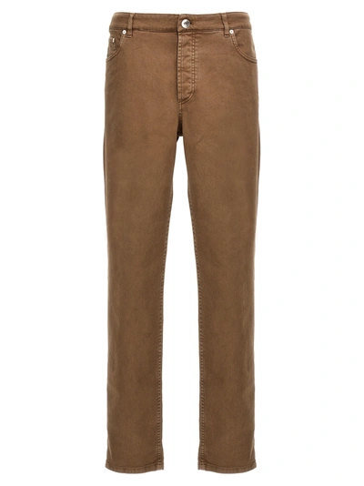 Brunello Cucinelli Five-pocket Traditional Fit Trousers In Light Comfort-dyed Denim In Brown