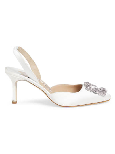 Manolo Blahnik Hangisli 70 Ivory Satin Slingback Pumps In White