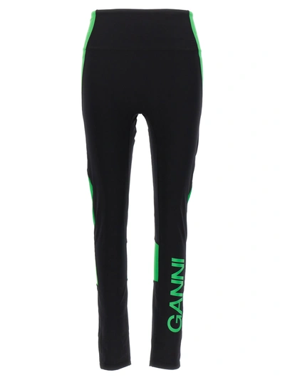 Ganni Logo-print Panelled Leggings In Black