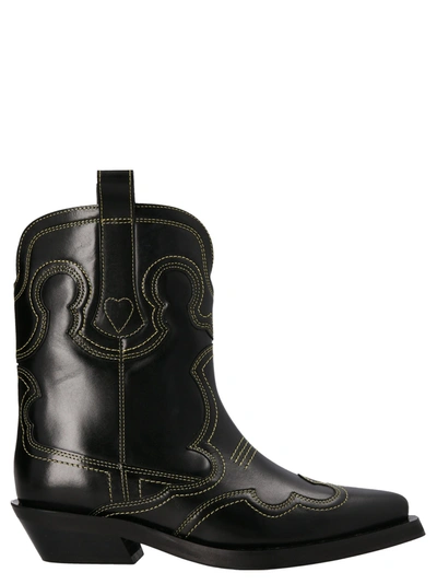 Ganni Low Shaft Western Boots, Ankle Boots Black