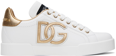 Dolce & Gabbana White & Gold Calfskin Portofino Dg Logo Sneakers In 89662 Bianco/oro