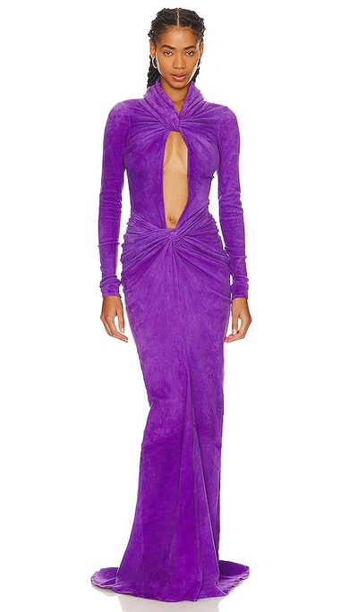 Laquan Smith Long Sleeve Keyhole Gown With Ruched In Grape