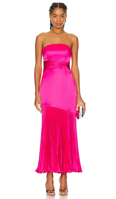 Amur Milly Strapless Pleated Charmeuse Midi Dress In Pink Cabaret