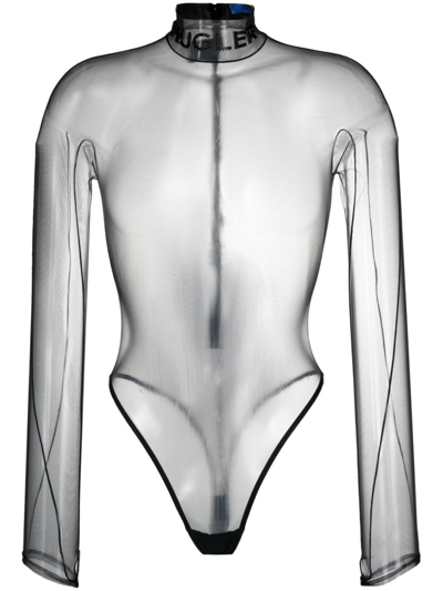 Mugler Logo-embossed Sheer Bodysuit In Black