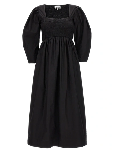 Ganni Cotton Poplin Open-neck Smock Long Dress In Black