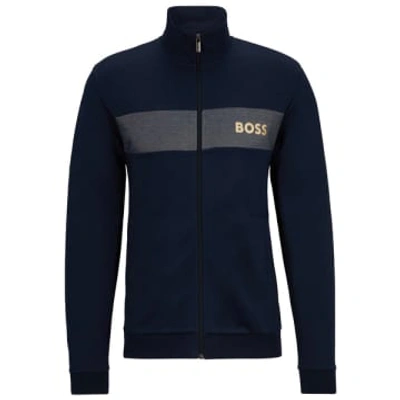 Hugo Boss Cotton Zip-up Jacket With Embroidered Logo In Dark Blue 403