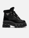 Prada Monolith Nylon Shearling Hiker Boots In Black