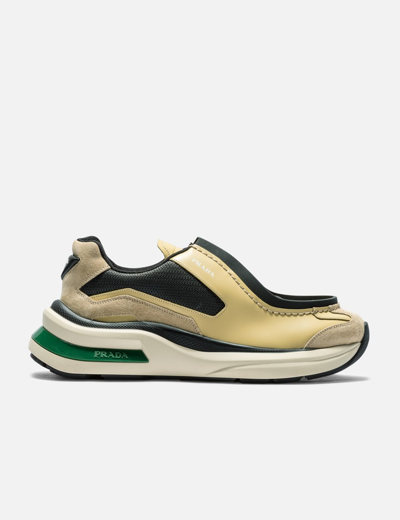 Prada Brushed Leather Trainers With Bike Fabric And Suede Elements In Yellow