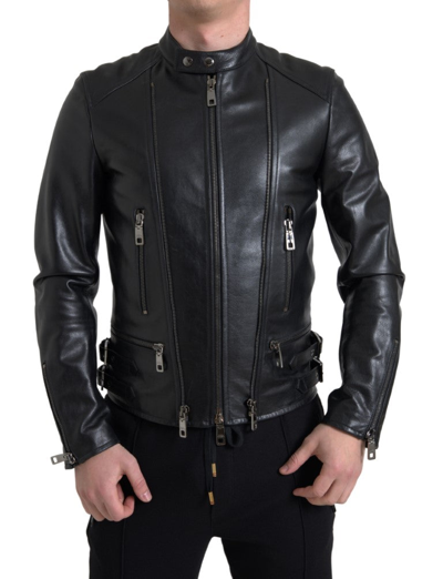 DOLCE & GABBANA BLACK LEATHER ZIPPER COAT MEN JACKET