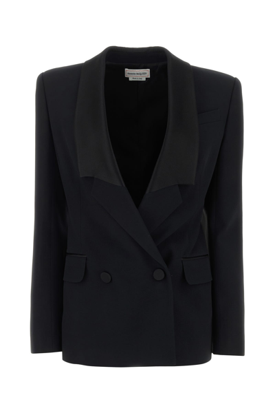 Alexander Mcqueen Double-breasted Blazer With Satin Details In Black