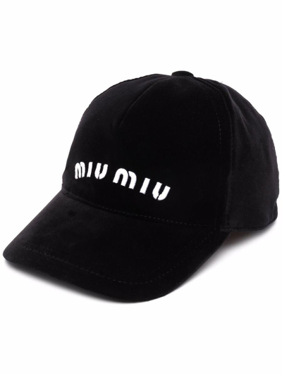 Miu Miu Velvet Baseball Cap In Black/white